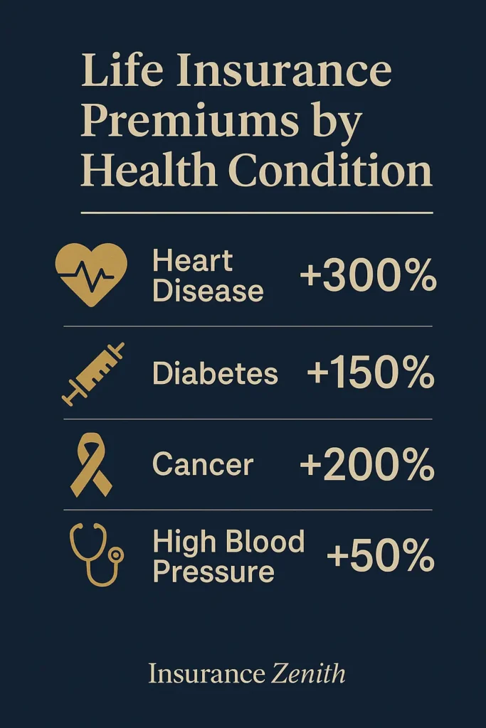 Life Insurance Quote Factors — Complete Guide 2025 Life Insurance Quote Factors Infographic showing life insurance premium increases by health condition — NAIC 2025 data
