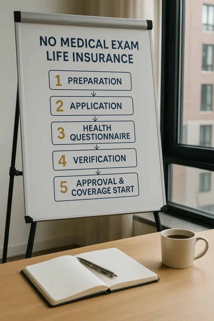 No Medical Exam Life Insurance No Medical Exam Life Insurance Step-by-step guide showing application, questionnaire, verification, and approval process