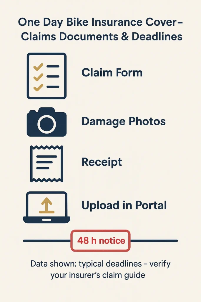 checklist of required documents and deadlines to file one day bike insurance cover claim