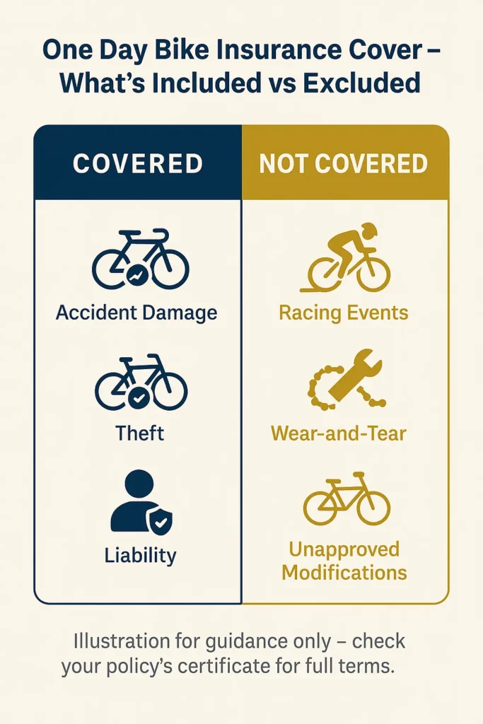 side-by-side chart of what one day bike insurance cover includes vs excludes