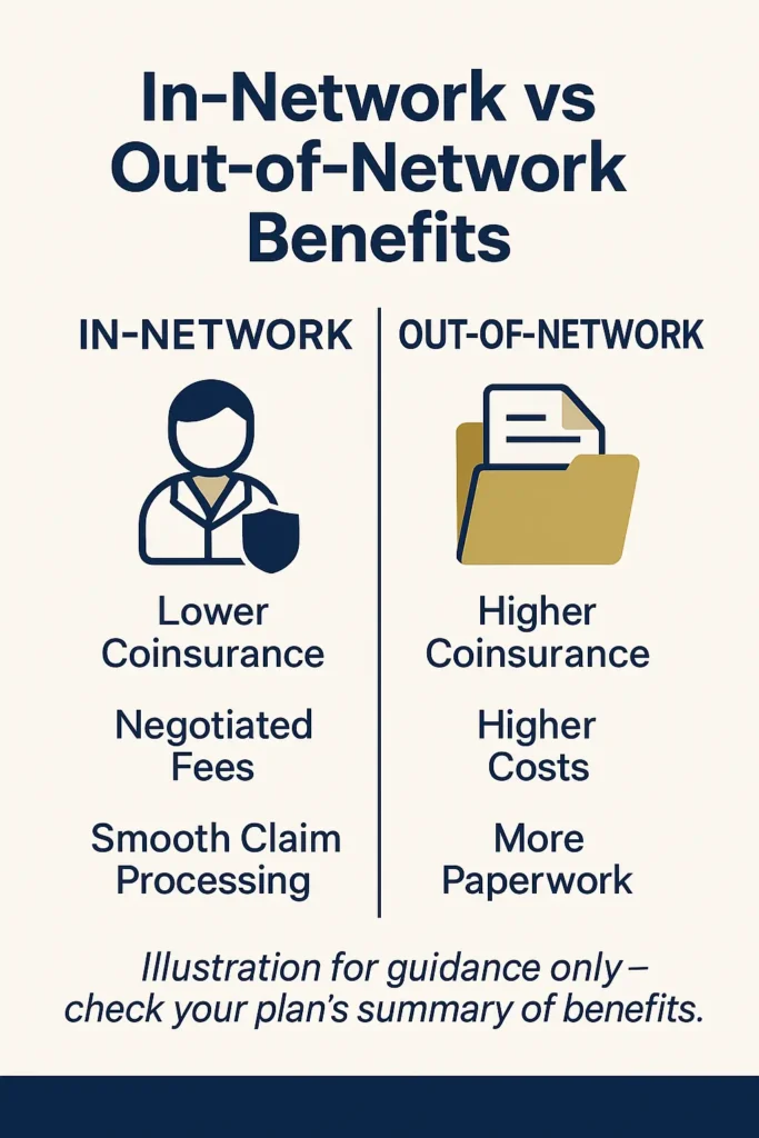 Orthodontic Insurance Coverage - Complete Guide 2025 Orthodontic Insurance Coverage Split-screen comparison chart showing in-network vs out-of-network orthodontist coverage differences