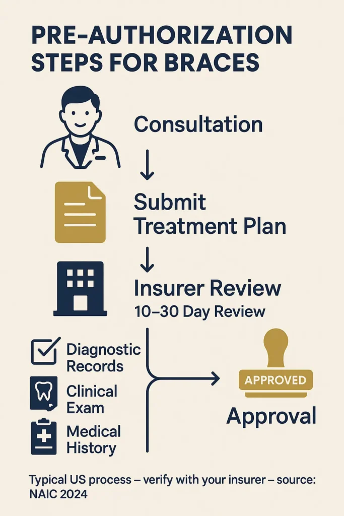 Orthodontic Insurance Coverage - Complete Guide 2025 Orthodontic Insurance Coverage Flow diagram showing orthodontist consultation, plan submission, insurer review, and approval stamp