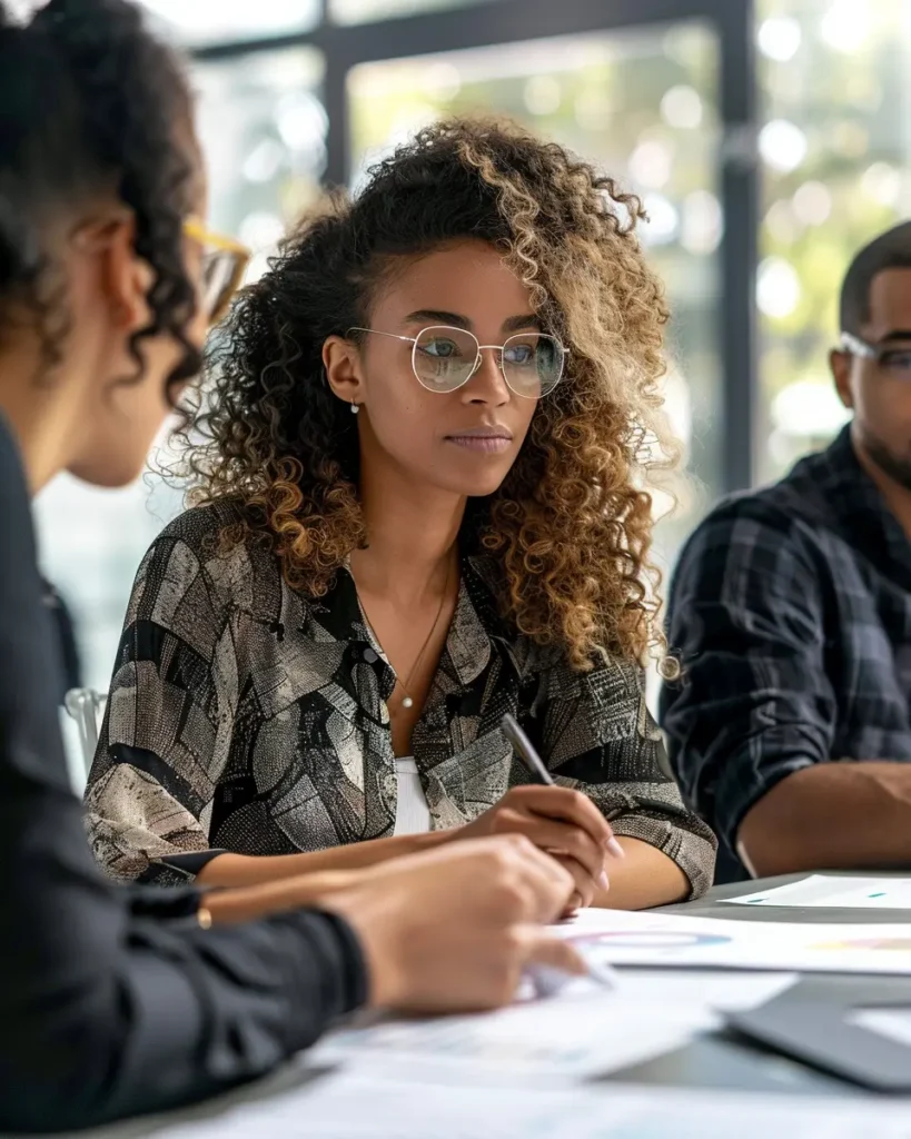 About Us insurance Editorial illustration of a professional woman in a meeting, symbolizing independence and transparency in insurance education