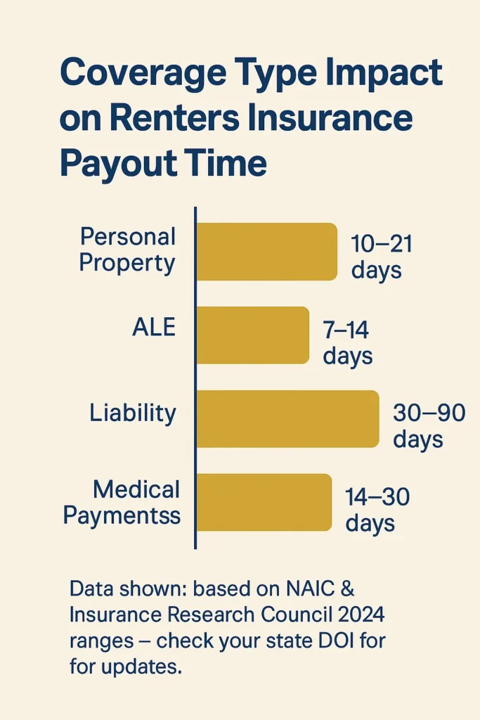 Renters Insurance Payout Time Guide 2025 Renters Insurance Payout Time chart comparing payout times for personal property, ALE, liability, medical payments