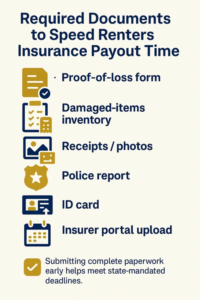 Renters Insurance Payout Time Guide 2025 Renters Insurance Payout Time checklist infographic of documents needed for renters insurance payout claim