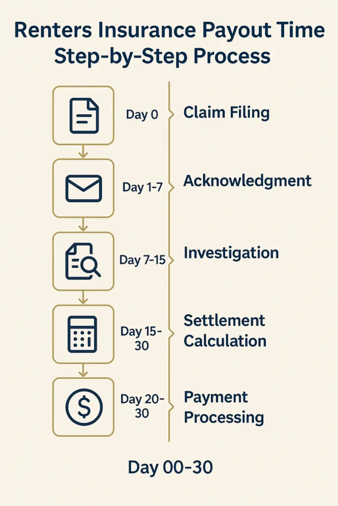 Renters Insurance Payout Time Guide 2025 Renters Insurance Payout Time timeline infographic showing six steps in renters insurance payout time process