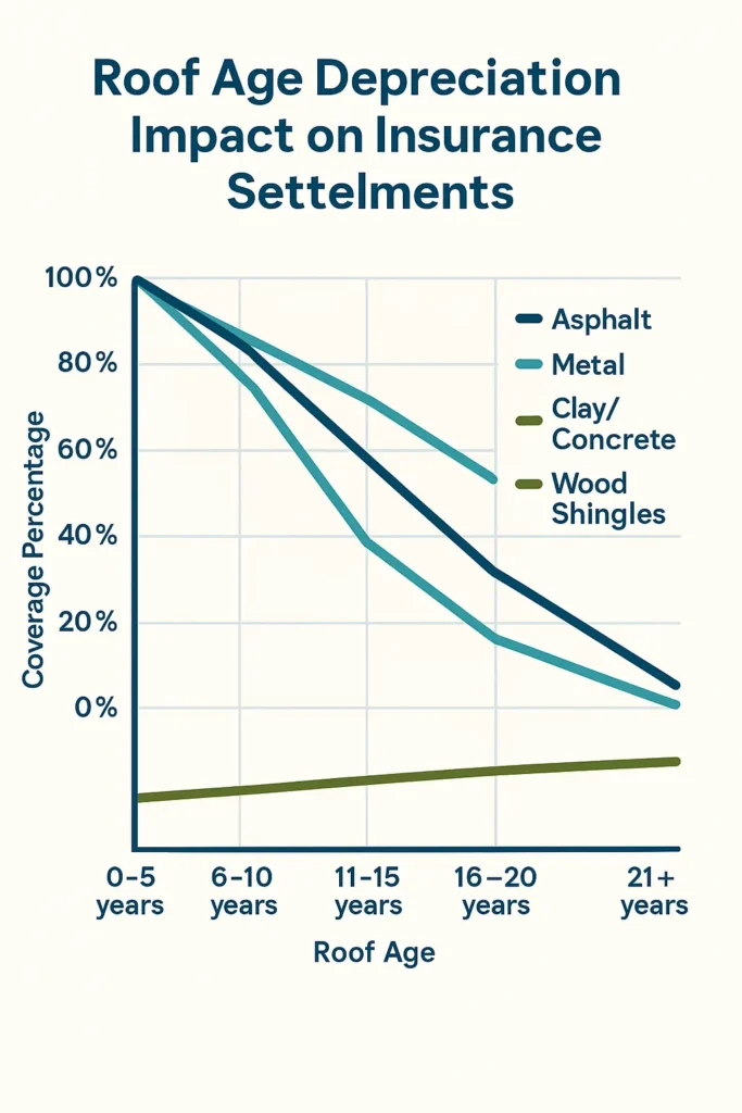 Roof Replacement Insurance Cost – Complete Guide 2025 Roof Replacement Insurance Cost Depreciation chart showing roof age versus coverage percentage