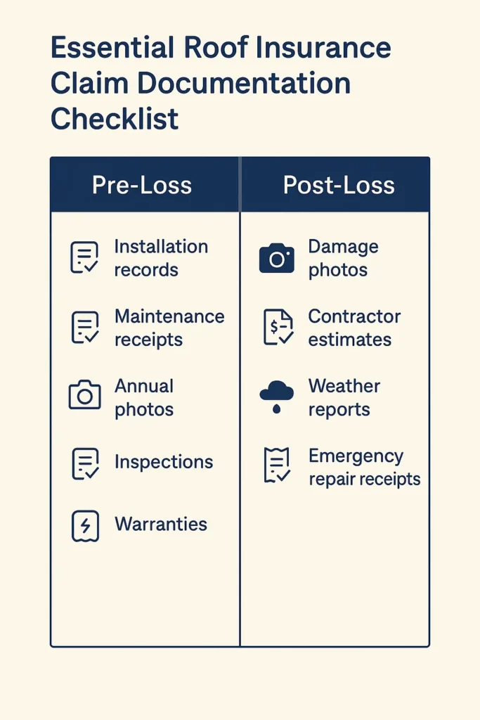 Roof Replacement Insurance Cost – Complete Guide 2025 Roof Replacement Insurance Cost Checklist infographic for roof insurance claim documentation