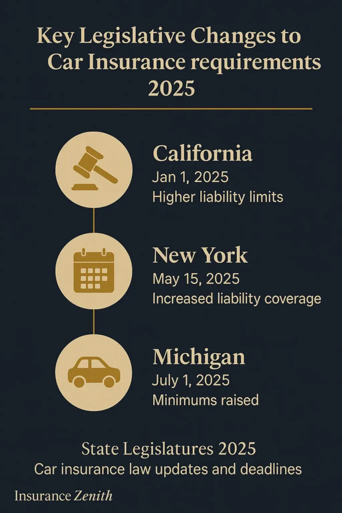 State Car Insurance Requirements — Complete Guide 2025 State Car Insurance Requirements Timeline infographic of recent legislative changes to state car insurance requirements — 2025