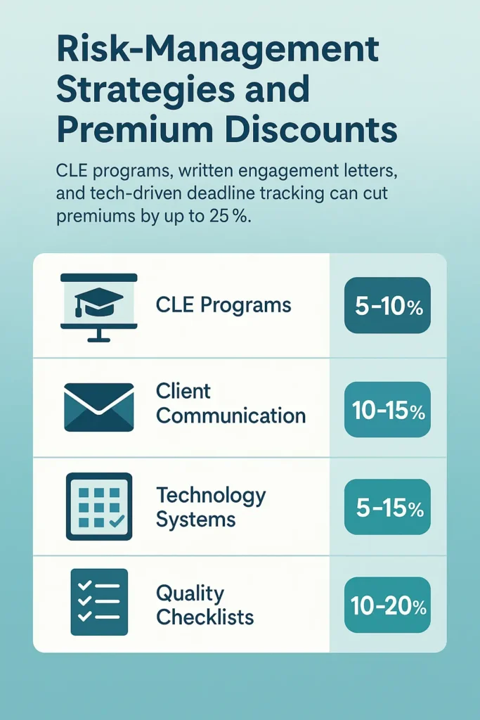 Cost Legal Malpractice Insurance – Complete Guide 2025 Cost Legal Malpractice Insurance Infographic table of risk-management strategies that reduce malpractice insurance premiums