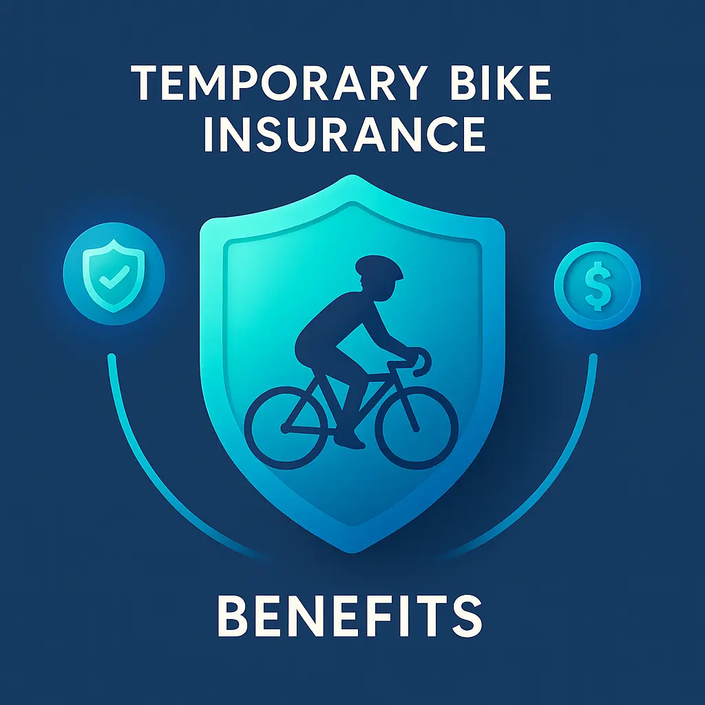 One Day Bike Insurance Cover — Complete Guide 2025 One Day Bike Insurance Cover Temporary bike insurance benefits illustrated with cyclist shield, security and savings icons