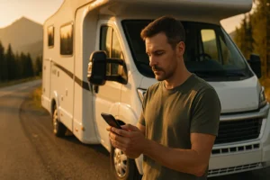 Temporary motorhome insurance protection for travelers in a parked RV by the roadside giving peace of mind