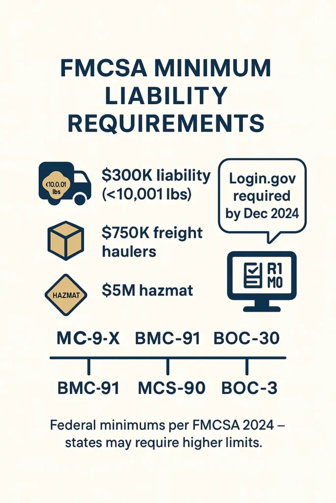 Total Trucking Insurance - Complete Guide 2025 Total Trucking Insurance checklist infographic of FMCSA minimum liability requirements for total trucking insurance