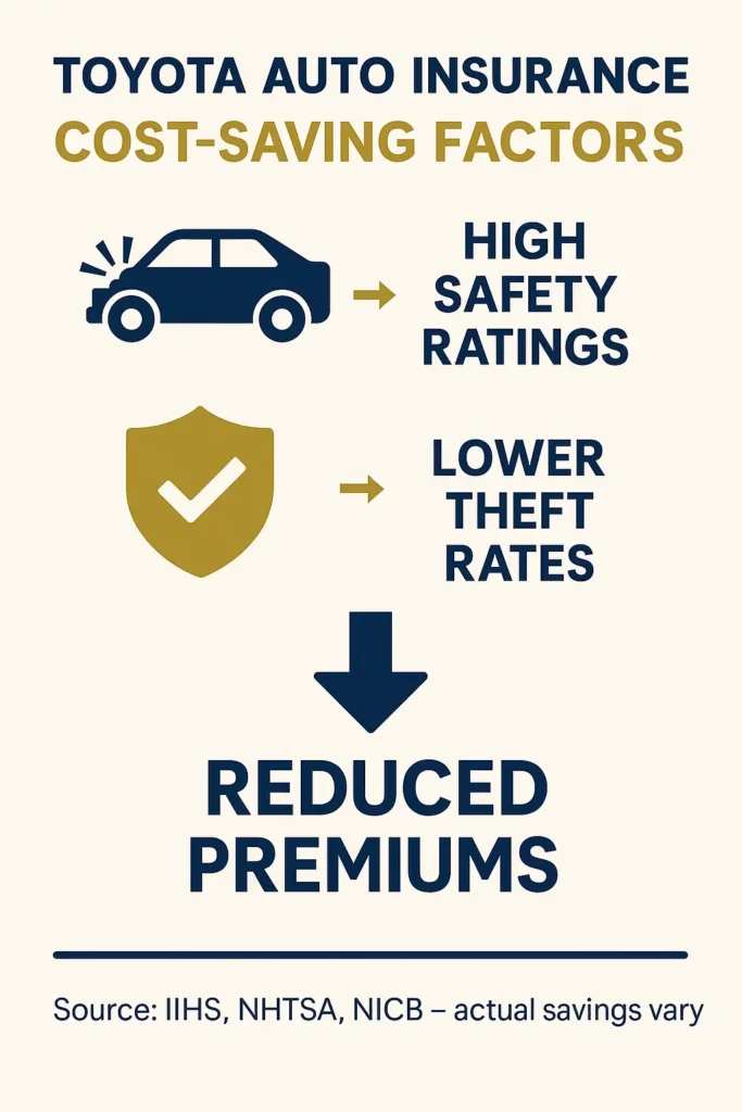 Toyota Auto Insurance — Essential 7-Point Guide 2025 Toyota Auto Insurance infographic showing Toyota auto insurance cost factors with safety and theft impact
