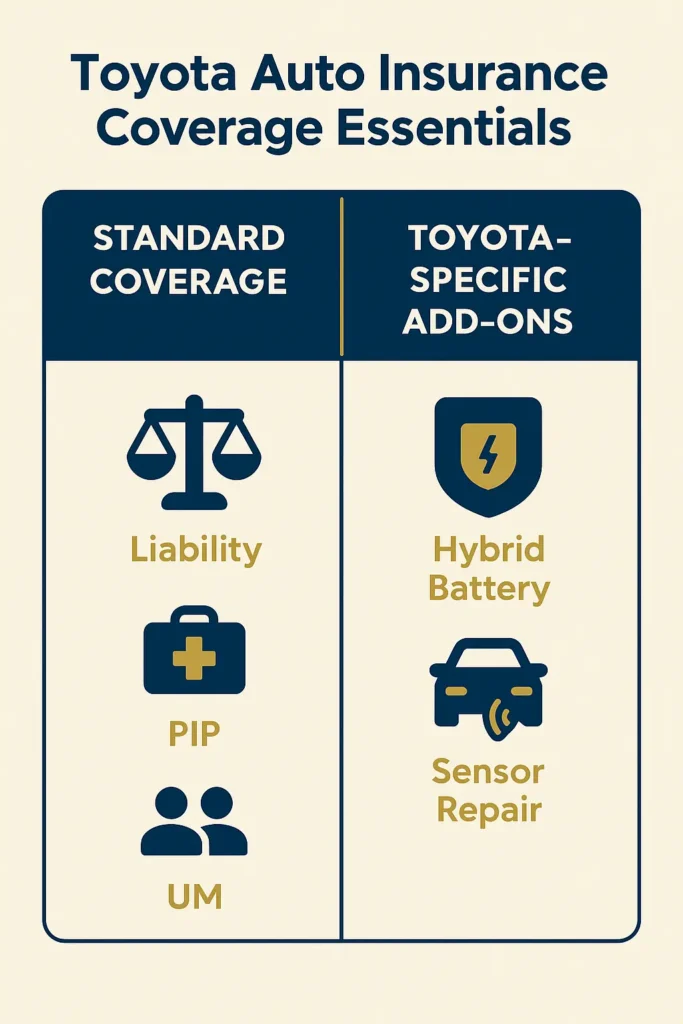 Toyota Auto Insurance — Essential 7-Point Guide 2025 Toyota Auto Insurance chart comparing standard vs Toyota-specific coverage needs