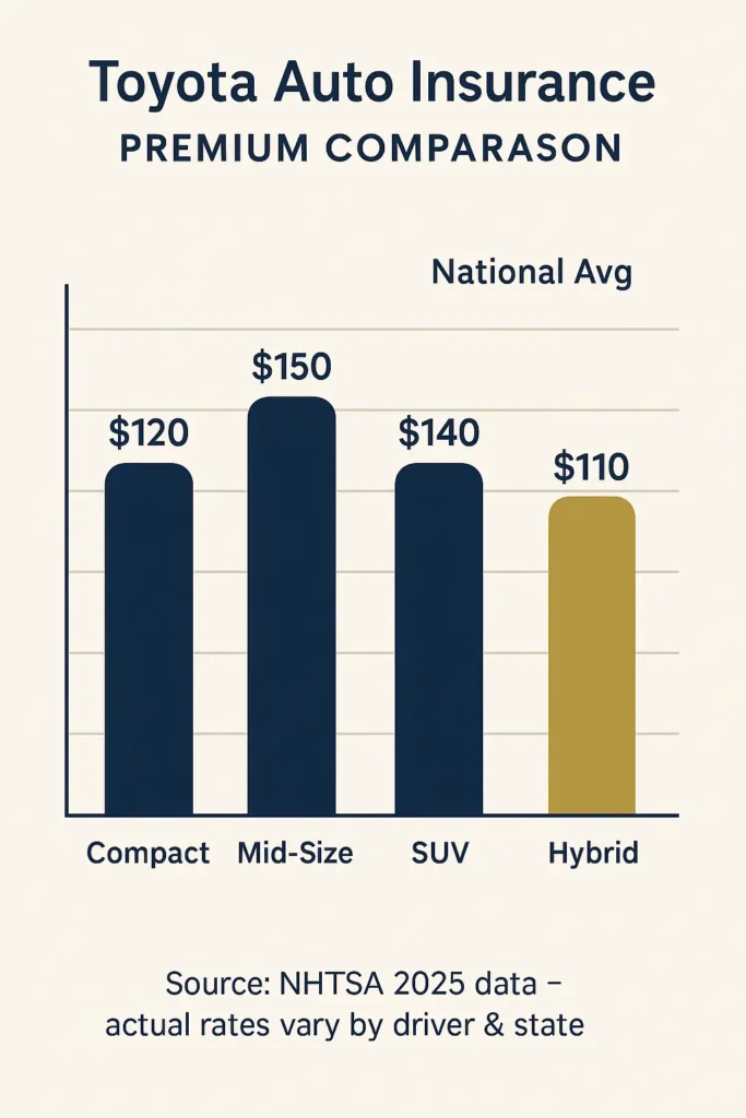 Toyota Auto Insurance — Essential 7-Point Guide 2025 Toyota Auto Insurance bar chart comparing Toyota vs national average premiums across car types