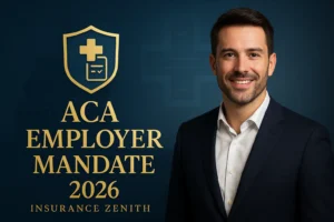 ACA employer mandate 2026 – bannière professionnelle Insurance Zenith avec portrait d’un homme en costume et icône santé-conformité sur fond Capitole
