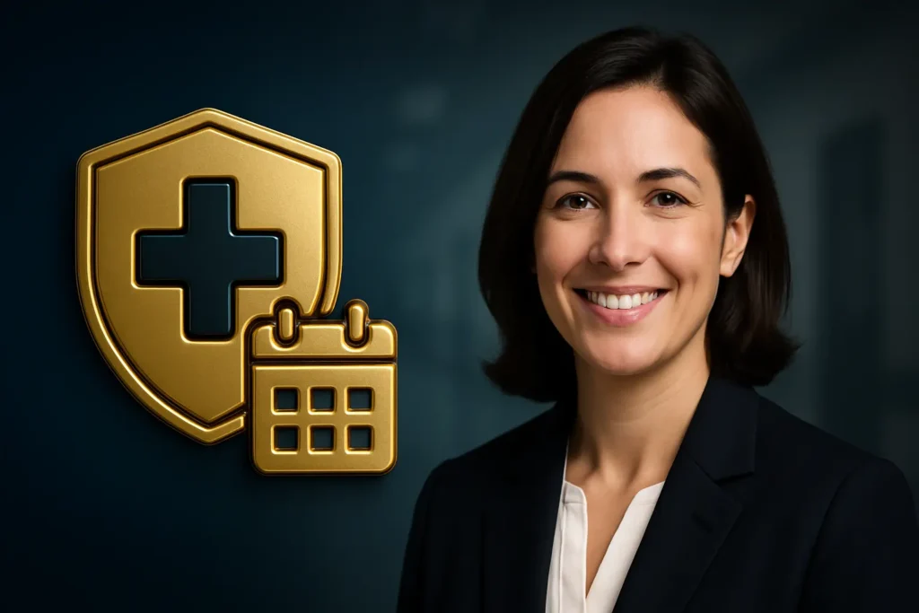 Home Insurance ZENITH Editorial banner for ACA Open Enrollment 2026 showing a gold medical-shield calendar icon on a blue healthcare background next to a smiling professional woman