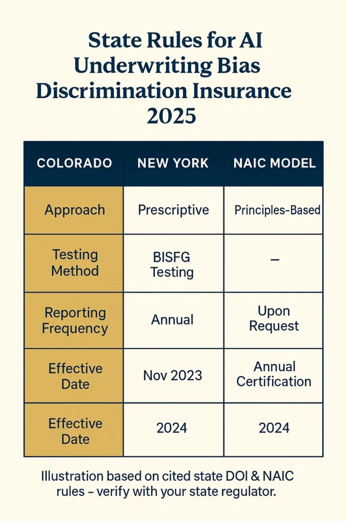 AI Underwriting Bias Discrimination Insurance 2025: Complete Regulatory Guide AI Underwriting Bias Discrimination Insurance 2025 comparison chart of Colorado vs New York vs NAIC model AI Underwriting Bias Discrimination Insurance 2025 rules