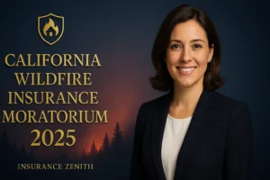 Corporate banner for Insurance Zenith highlighting California Wildfire Insurance Moratorium 2025, with pine forest wildfire glow background and a smiling professional portrait.
