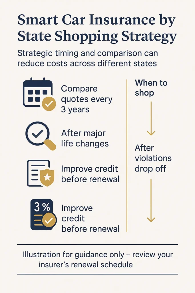 checklist infographic of smart car insurance by state shopping steps and timing