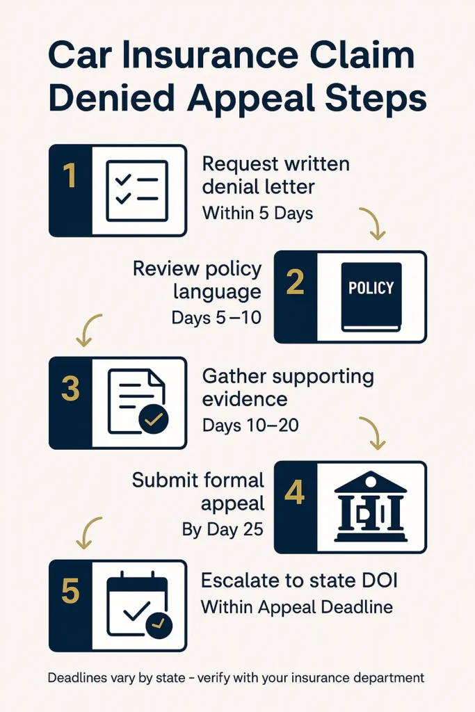 Car Insurance Claim Denied: 7 Steps to Appeal Successfully 2025 car insurance claim denied step-by-step Car Insurance Claim Denied appeal process workflow diagram