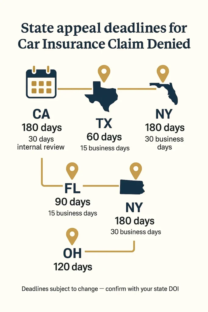 Car Insurance Claim Denied: 7 Steps to Appeal Successfully 2025 car insurance claim denied timeline chart of state-specific Car Insurance Claim Denied appeal deadlines
