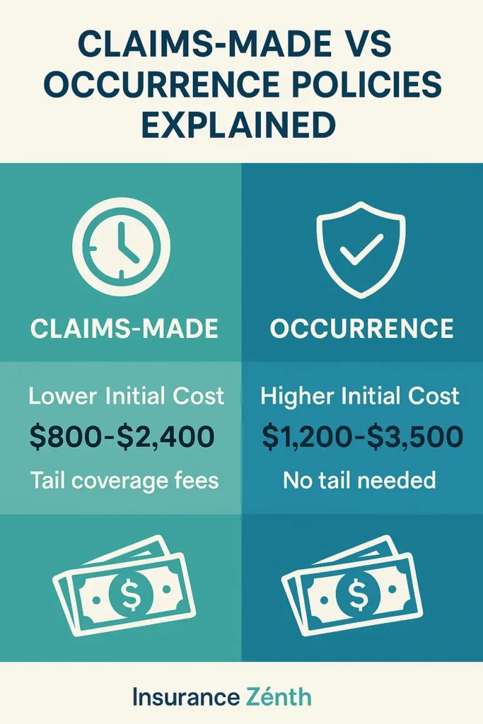 Nurse Practitioner Malpractice Insurance: 6 Essential Coverage Areas 2025 nurse practitioner malpractice insurance Comparison infographic of claims-made versus occurrence malpractice insurance policies for nurse practitioners