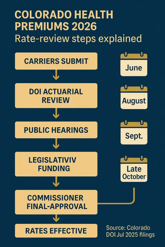 Colorado Health Premiums 2026: Essential Rate Changes Guide Colorado Health Premiums 2026 step-by-step Colorado Health Premiums 2026 regulatory-review timeline diagram
