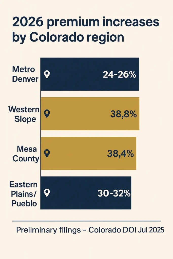 Colorado Health Premiums 2026: Essential Rate Changes Guide Colorado Health Premiums 2026 comparison bars showing 2026 premium-increase percentages by Colorado region