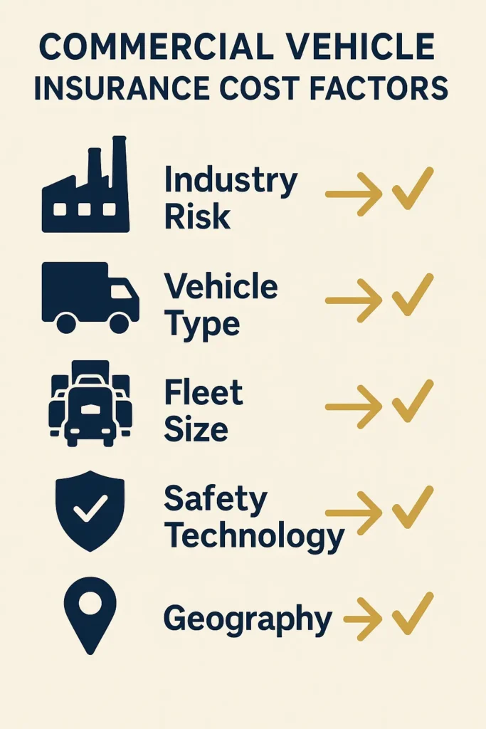 checklist infographic of main cost factors for commercial vehicle insurance
