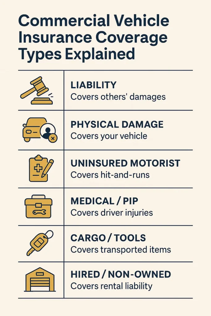 chart showing seven key commercial vehicle insurance coverage types
