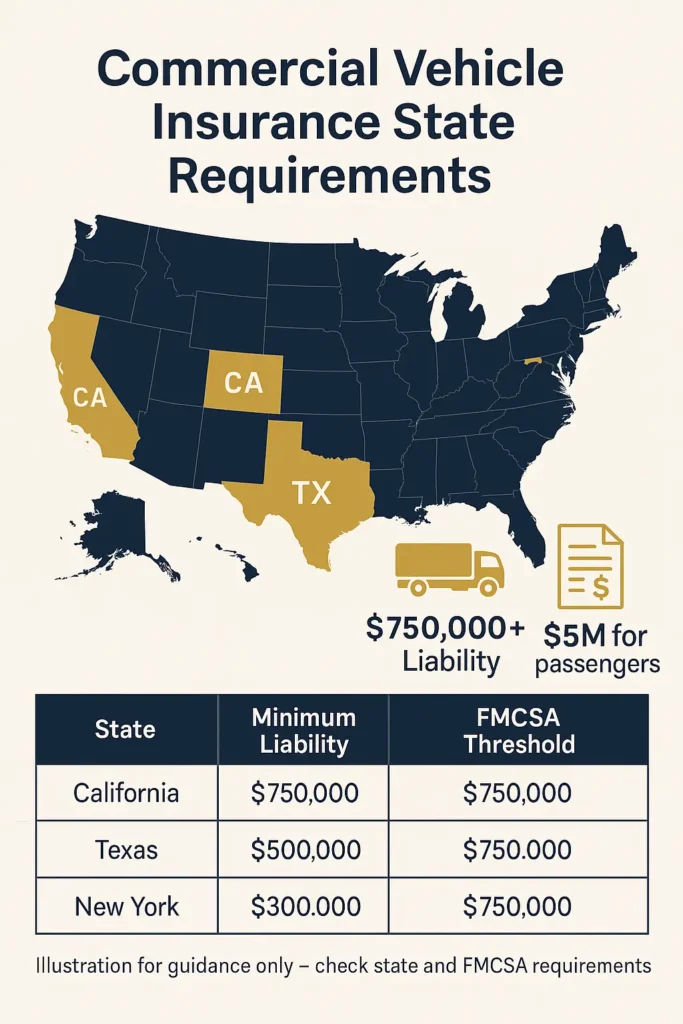 map and table showing state-by-state commercial vehicle insurance minimums