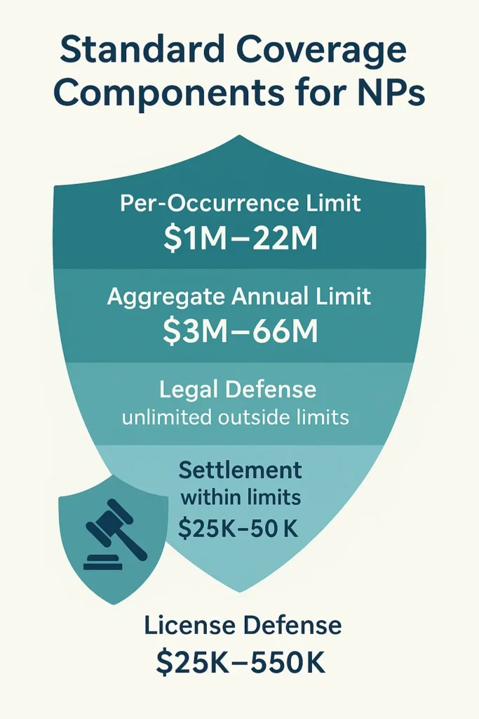 Nurse Practitioner Malpractice Insurance: 6 Essential Coverage Areas 2025 nurse practitioner malpractice insurance Breakdown of nurse practitioner malpractice insurance components: per-occurrence, aggregate limits, legal defense, and settlement protection