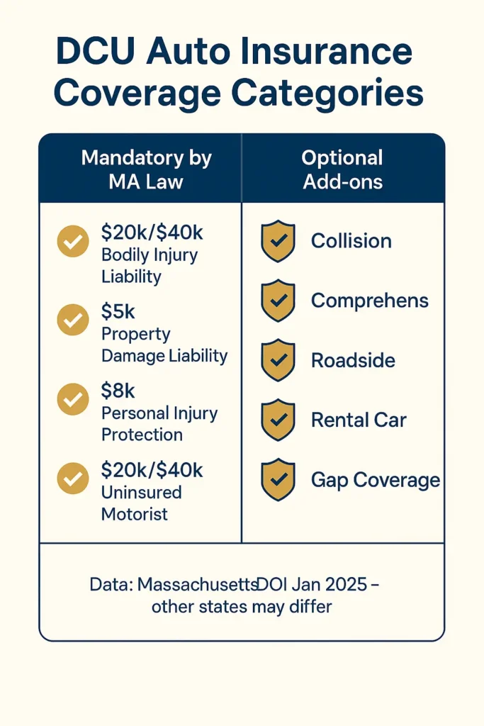 Essential Guide to DCU Auto Insurance 2025 dcu auto insurance chart comparing DCU auto insurance standard versus optional coverage categories
