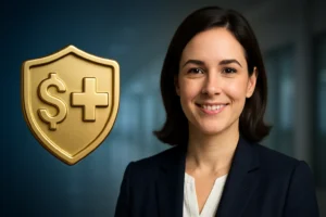 Editorial banner showing a gold shield with dollar and medical cross icon over a blue hospital corridor background, next to a smiling professional woman – Health Insurance Tax Credits 2026