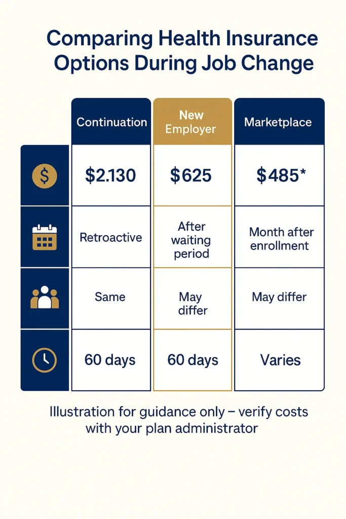 Health Insurance When Changing Jobs: Complete 2025 Guide health insurance when changing jobs comparison chart of continuation coverage, marketplace plans, and new employer benefits for health insurance when changing jobs