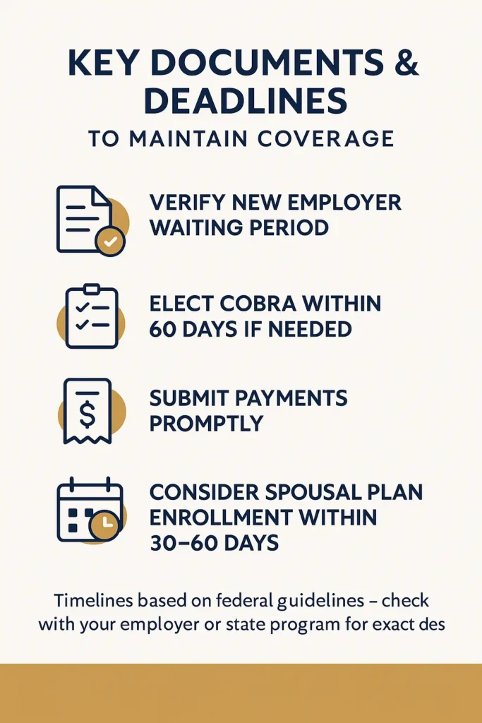 Health Insurance When Changing Jobs: Complete 2025 Guide health insurance when changing jobs checklist infographic of required documents and deadlines for maintaining health insurance when changing jobs