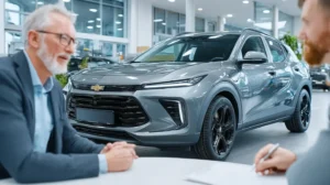 real-life scene showing EV insurance cost 2025 discussion between EV owner and insurance agent