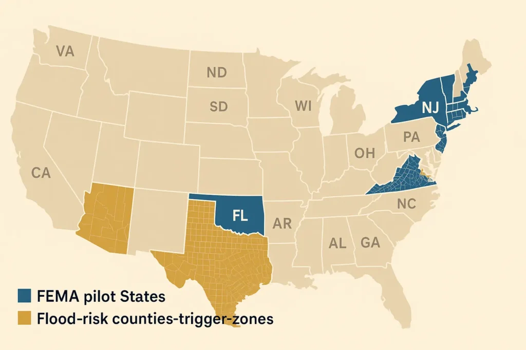 Home Insurance Home Insurance Parametric flood insurance USA 2025 map showing U S flood-risk zones and trigger-based payouts