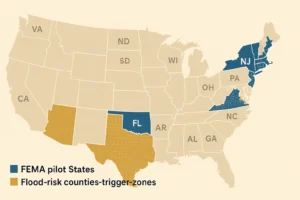 Parametric flood insurance USA 2025 map showing U S flood-risk zones and trigger-based payouts