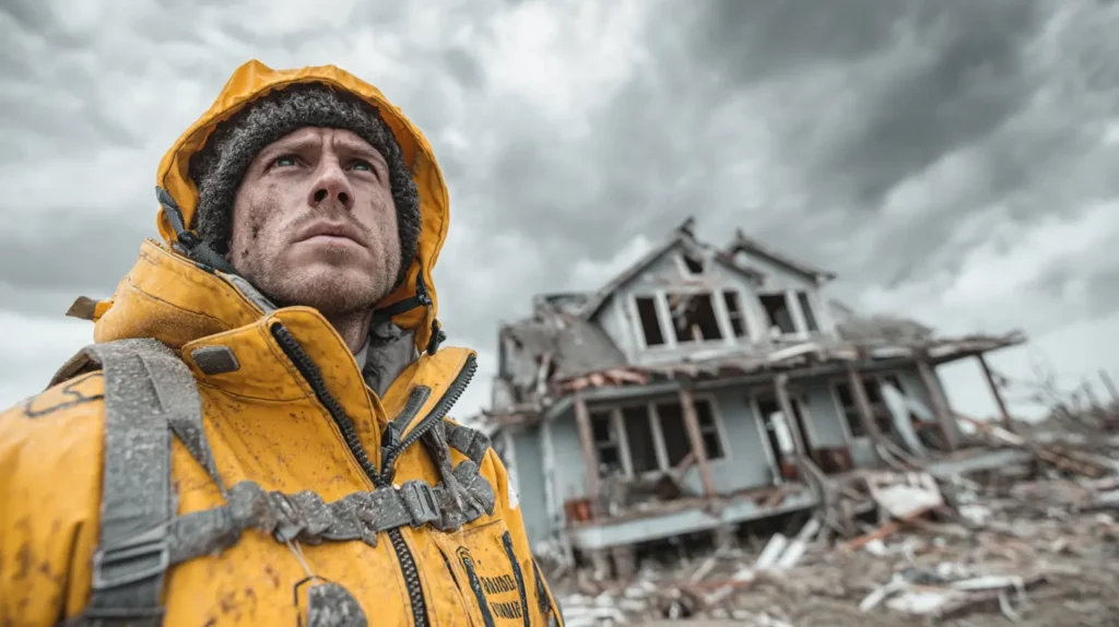 Home Insurance Home Insurance Rising Reinsurance Costs Hurricane States 2025 — insurance adjuster inspects hurricane-damaged coastal home with storm clouds