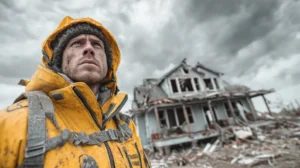 Rising Reinsurance Costs Hurricane States 2025 — insurance adjuster inspects hurricane-damaged coastal home with storm clouds