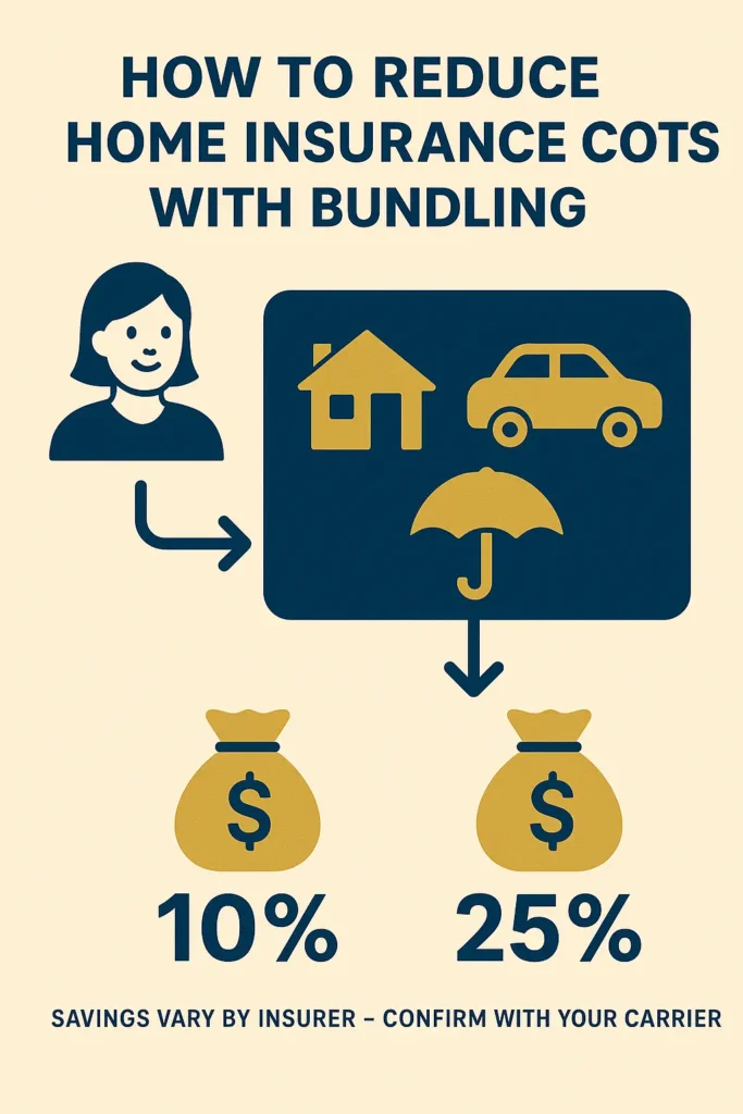 How to Reduce Home Insurance Costs How to Reduce Home Insurance Costs step-by-step diagram showing how policy bundling reduces home insurance costs
