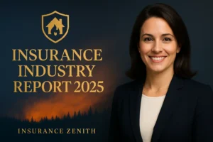 Insurance Industry Report 2025 – professional insurance banner image featuring female portrait and contextual wildfire-forest background