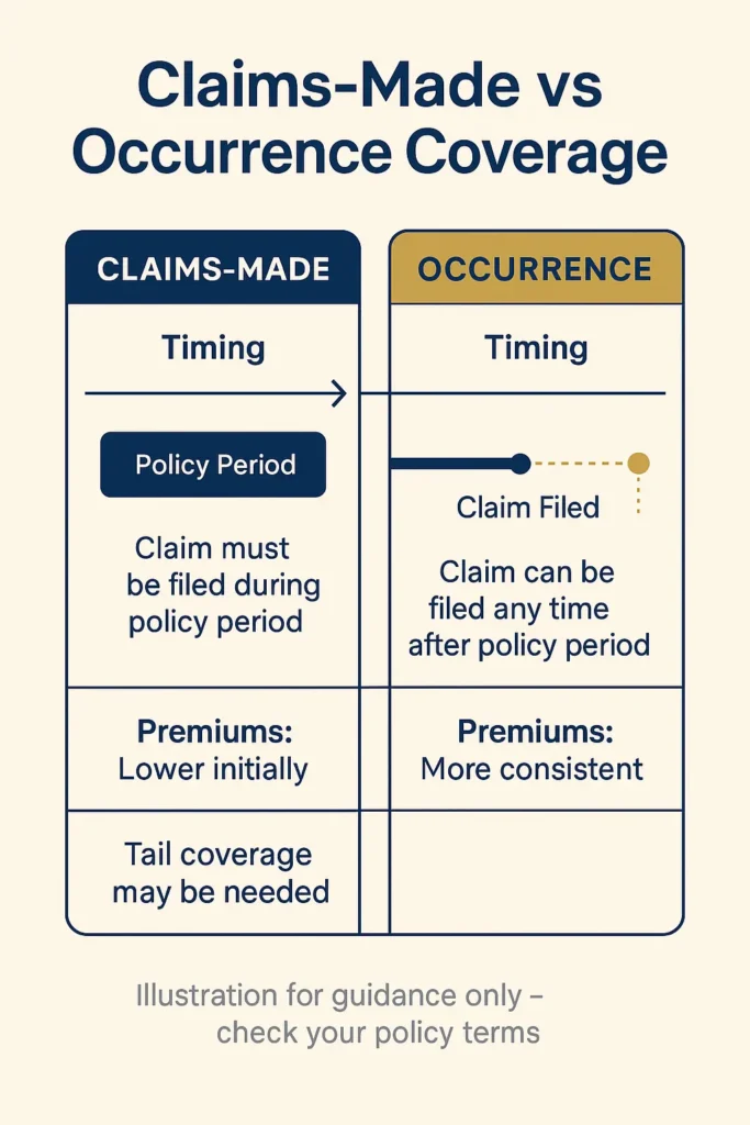 Professional Liability Insurance Professional Liability Insurance comparison chart of claims-made vs occurrence Professional Liability Insurance coverage