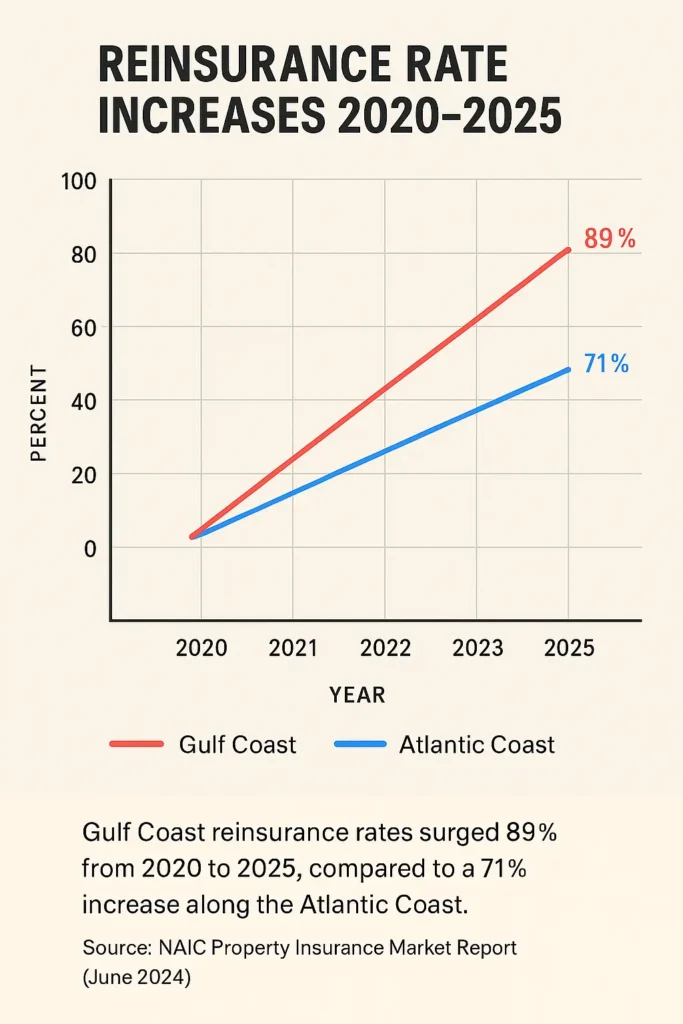 Rising Reinsurance Costs Hurricane States 2025: Complete Guide rising reinsurance costs hurricane states 2025 Rising Reinsurance Costs Hurricane States 2025 — line chart of Gulf Coast vs Atlantic Coast rate increases 2020-2025