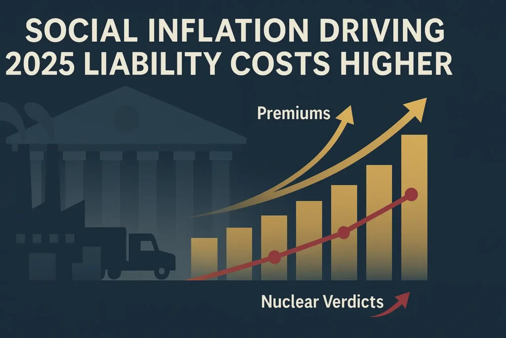 Business Insurance Business Insurance Social inflation impact liability insurance 2025 with rising jury awards, upward premium graphs, courtroom backdrop and affected U.S. business sectors
