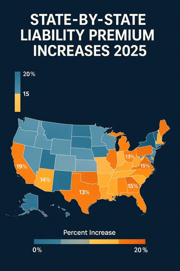 Social Inflation Impact Liability Insurance 2025: Complete Business Guide social inflation impact liability insurance 2025 Heatmap of U.S. states highlighting 2025 commercial liability premium increases driven by social inflation