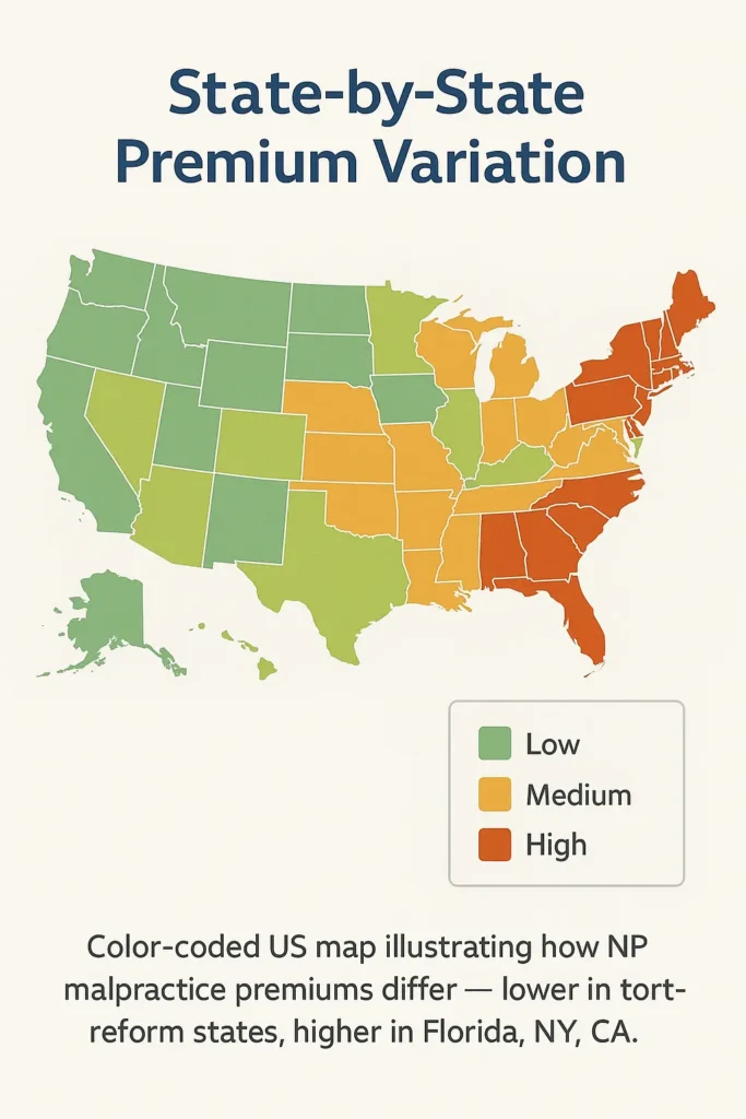 Nurse Practitioner Malpractice Insurance: 6 Essential Coverage Areas 2025 nurse practitioner malpractice insurance US map of nurse practitioner malpractice insurance premiums by state showing lowest rates in tort-reform states and highest in high-litigation states